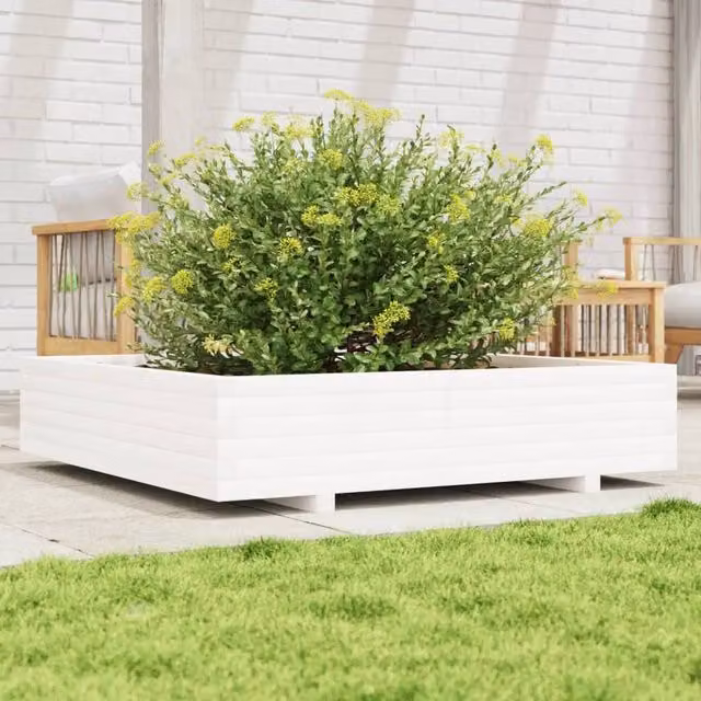 Berkfield Home Decorative Garden Planter Tub, White, Solid Wood, W: 110 cm, D: 110 cm, H: 26.5 cm – 1