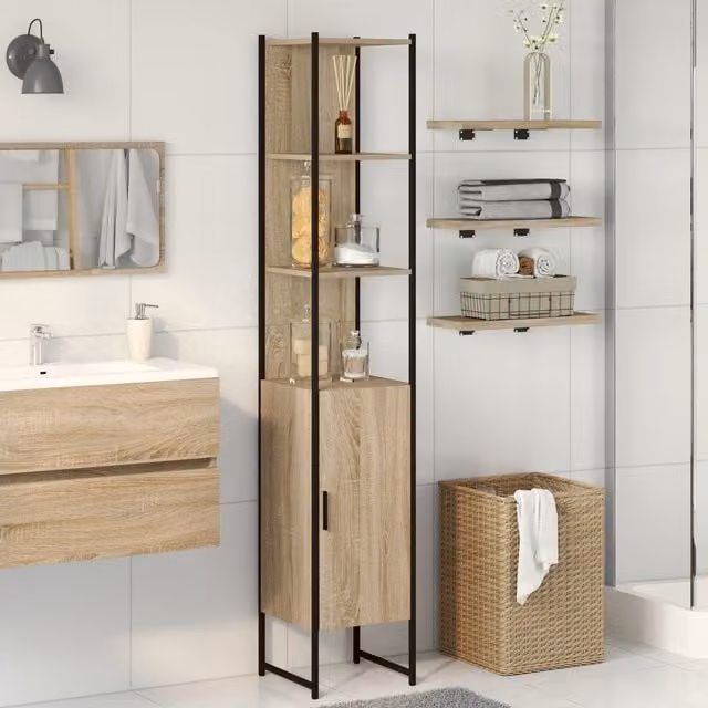 Berkfield Home Modern Wall Mounted Bathroom Cabinet in Sonoma Oak Brown, W/D/H: 30 x 30 x 185.5 cm