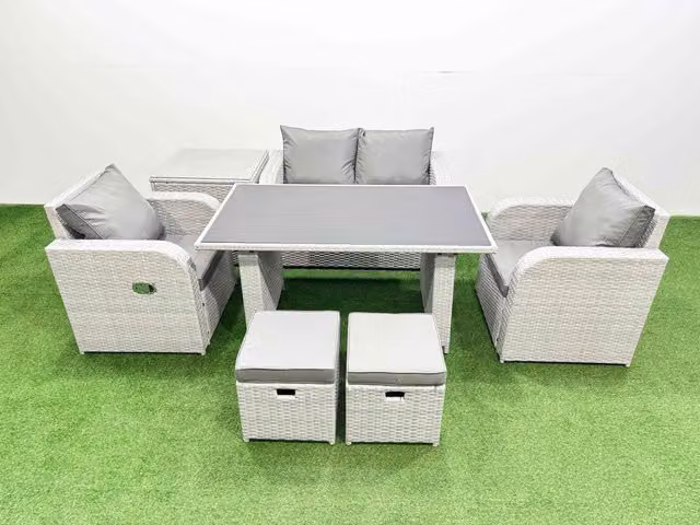 Fimous 6-Seater Outdoor Rattan Garden Furniture Dining Set with Side Table in Light Grey