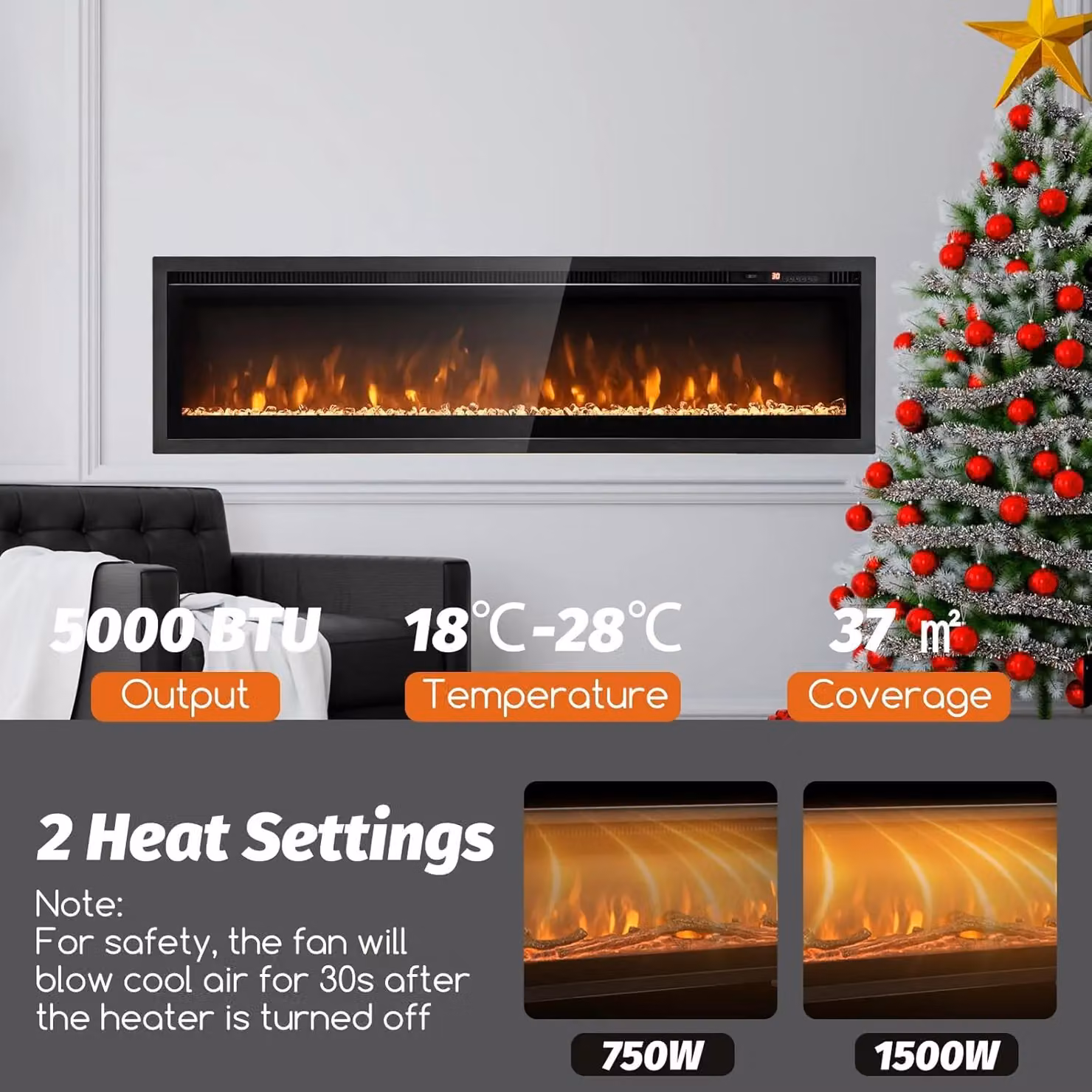 Gymax 127cm Freestanding Electric Fireplace Heater with 12 Flame Effects and 8H Timer in Black – 2