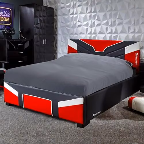 X Rocker Cerberus Gaming Ottoman Bed Frame, Upholstered Synthetic Leather with Lift Up Base, Red Black White, W/D/H: 120 x 190 x 92 cm – 1