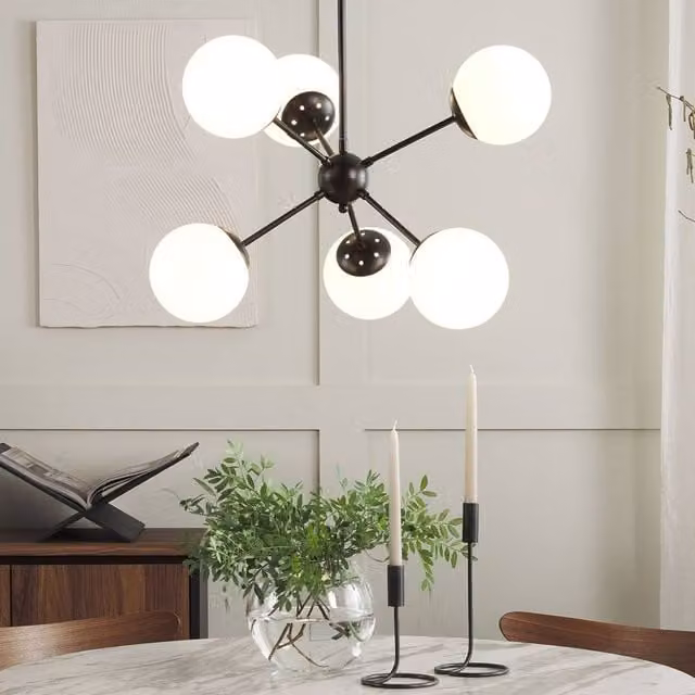 Wyld and Coco 6-Light Mid-Century Pendant Lamp in Black with White Glass Globe Shades, Height Adjustable – 1