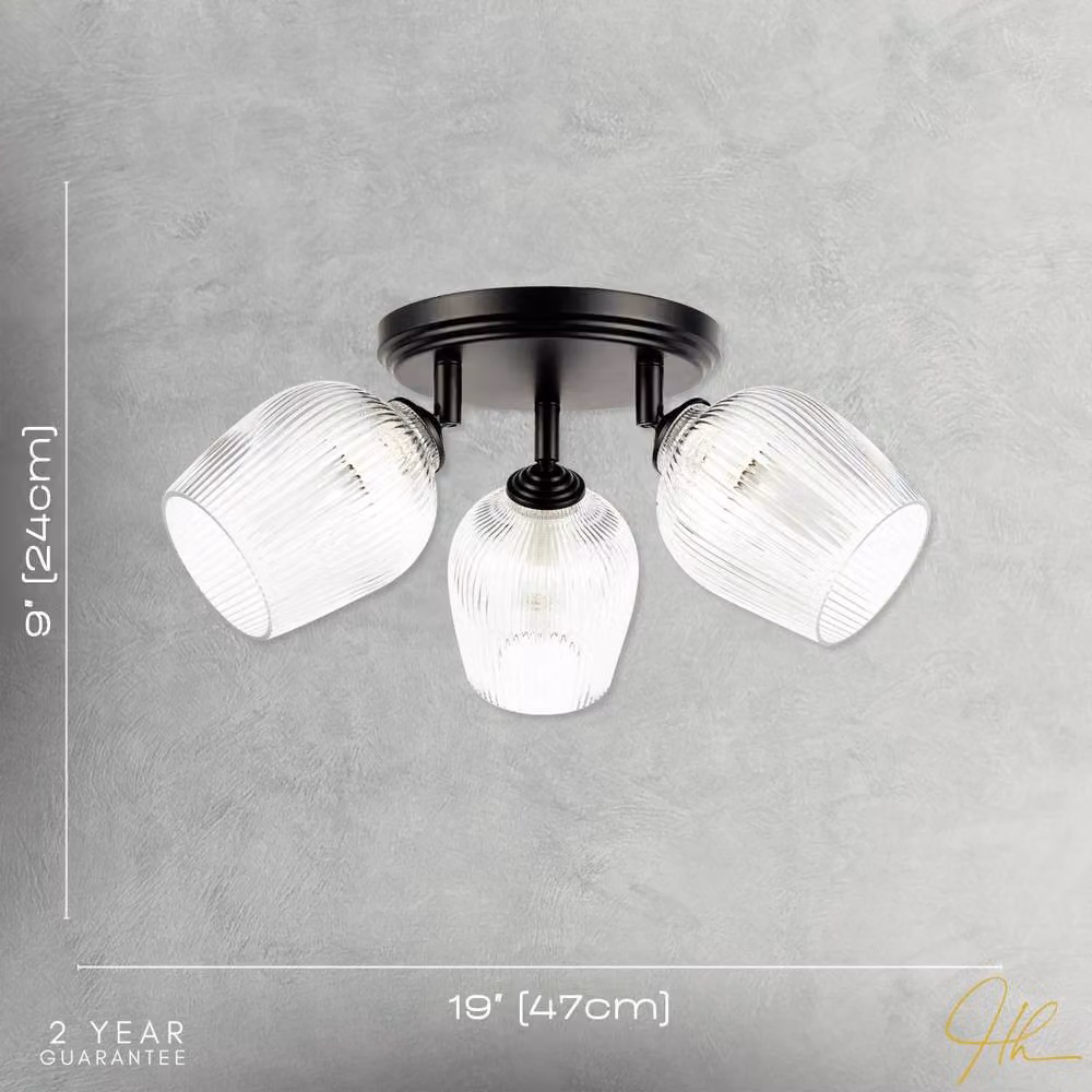 Happy Homewares Matte Black Triple Spot Ceiling Light with Transparent Glass Shades – 4