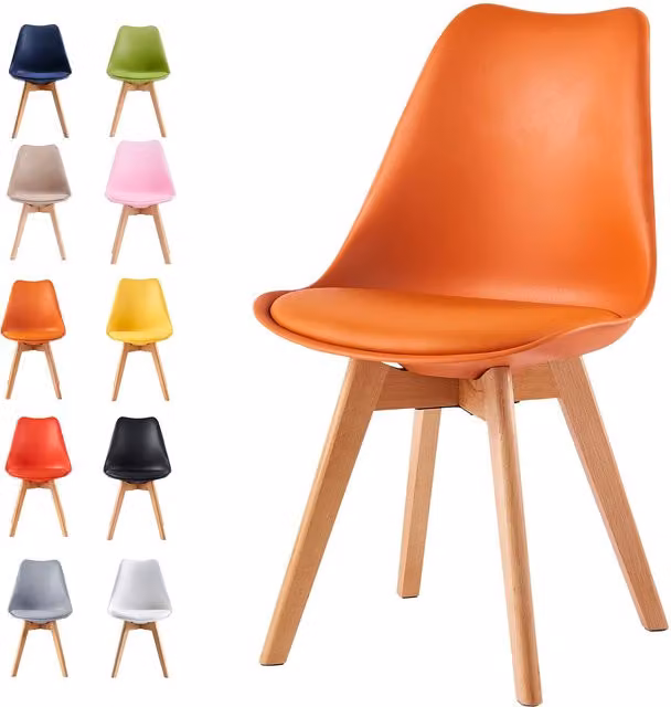 MCC Direct Eva Mid-Century Dining Chair with Padded Synthetic Leather Cushion and Wooden Legs in Orange and White