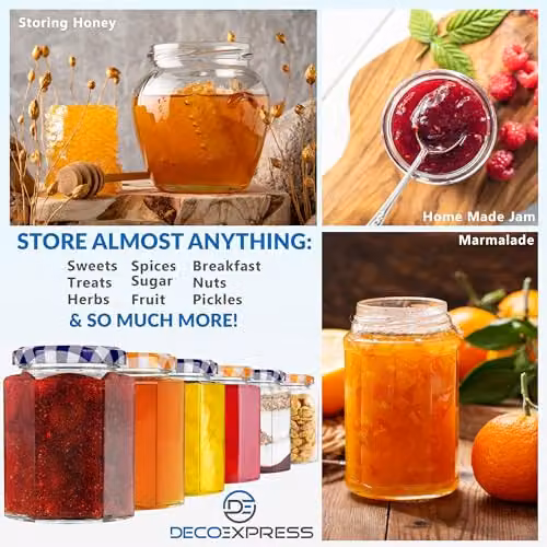 Deco Express Hexagon Glass Preserving Jars with Airtight Screw Lids, 12 Pack, 250 ml, Red, White and Multicolour – 5
