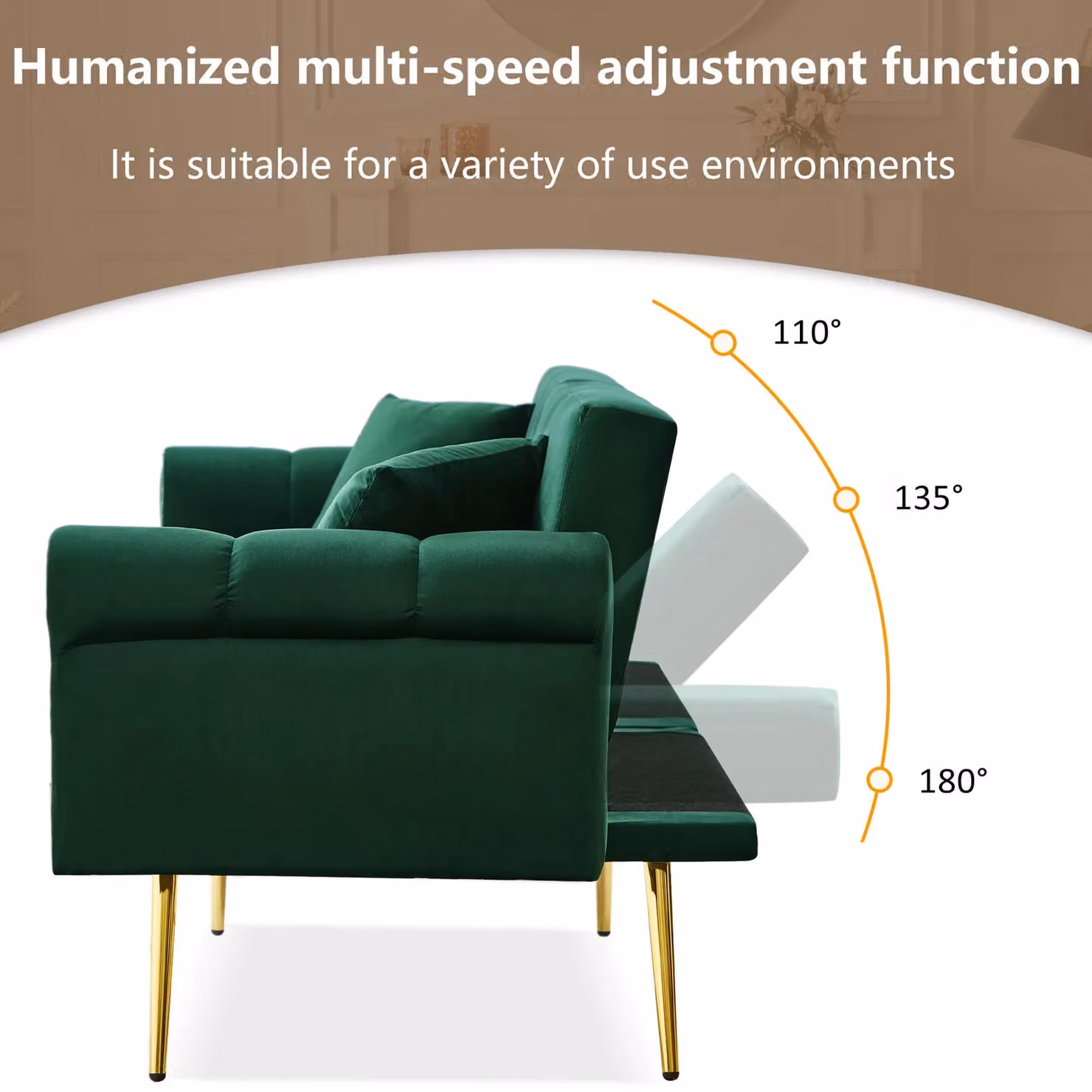 Matteo 2-Seater Velvet Sofa Bed with Click-Clack Mechanism and Gold Metal Legs in Green – 5