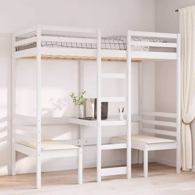 Berkfield Home Loft Bed Frame with Desk and Chairs in White Solid Pine Wood W/D/H: 190.5 x 75 x 82.5 cm