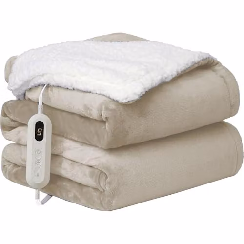Neo Reversible Electric Heated Throw Blanket in Beige and White with Flannel and Sherpa, W/D: 160 x 130 cm – 6