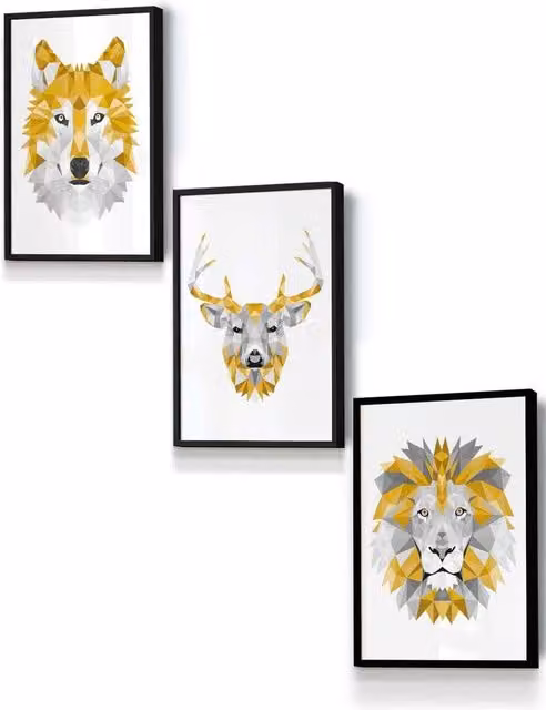 ARTZE Geometric Animal Heads Framed Wall Art, Yellow, Grey and Black, W: 33 cm, H: 45 cm, D: 2 cm