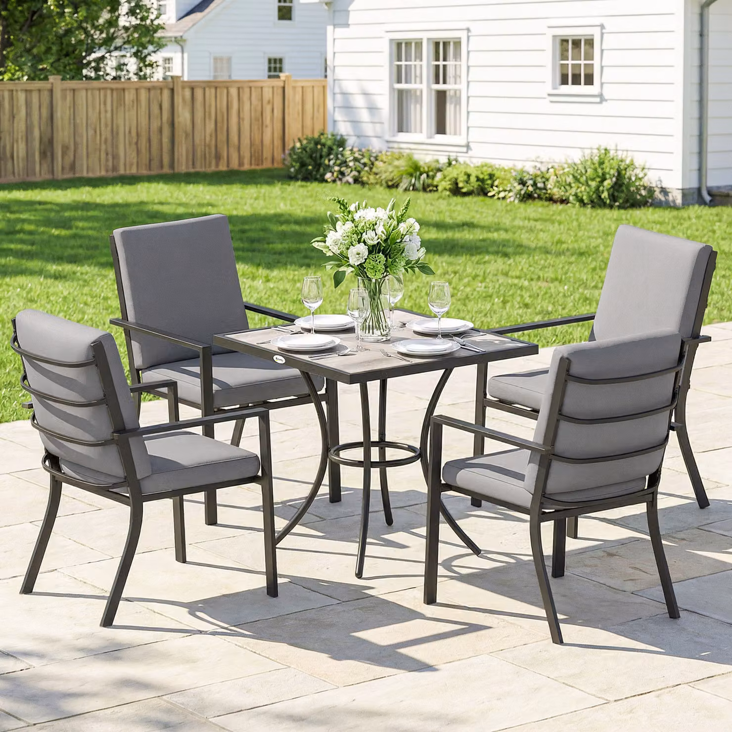 Outsunny 5 Piece Outdoor Dining Set with Square Table and Stackable Chairs in Grey – 2