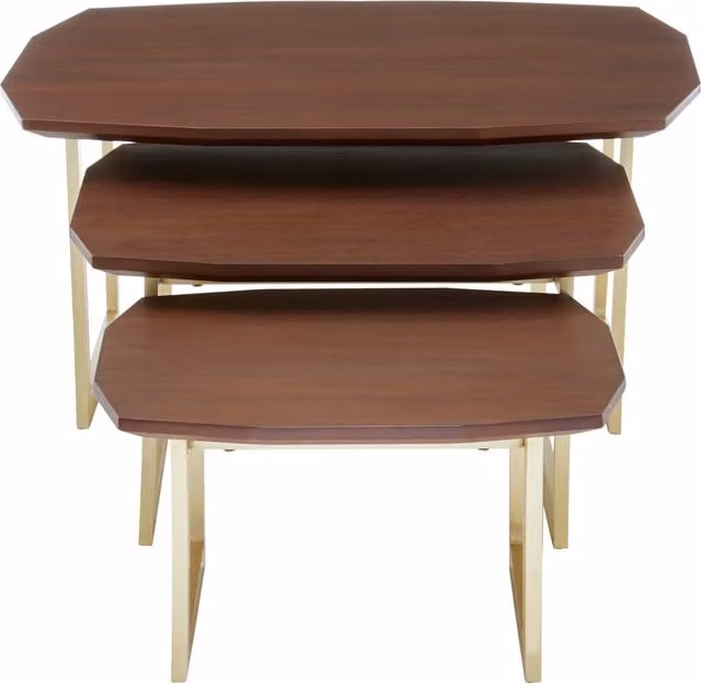 Orsina Set of 3 Round Nesting Side Tables with Walnut Wood Tops and Gold Finish Legs