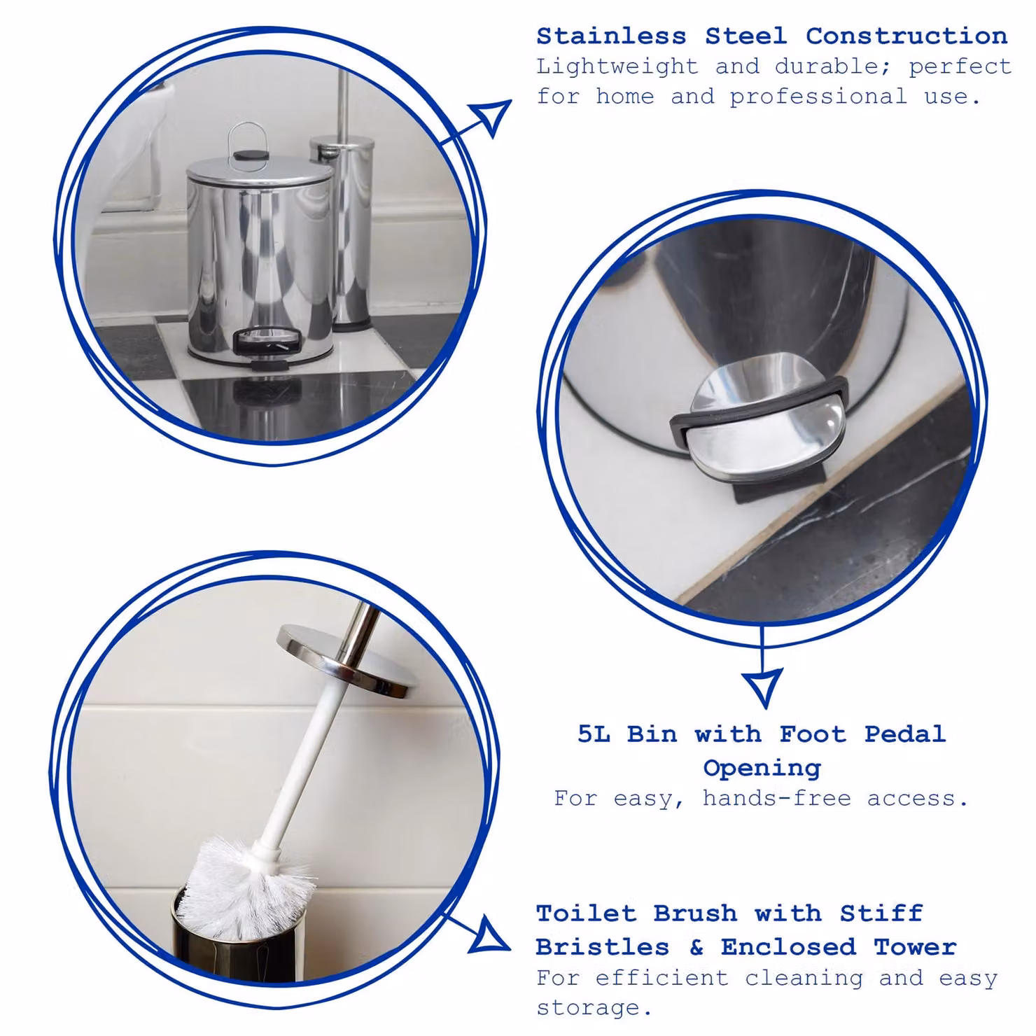 Harbour Housewares 5L Round Stainless Steel Pedal Bin and Toilet Brush Set in Black – 5