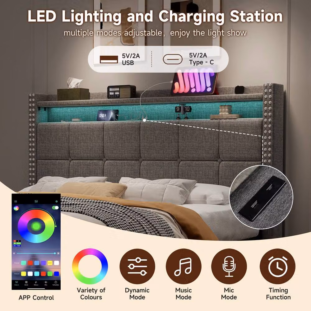 Matteo Grey Upholstered Double Bed with Storage Drawers, LED Lighting and USB Charging Ports, W/D/H: 140 x 200 cm – 2