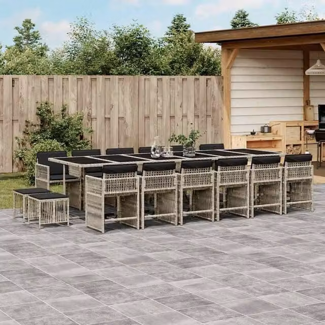 Berkfield Home 17 Piece Modern Poly Rattan Garden Dining Set with Cushions and Glass Tabletop in Grey