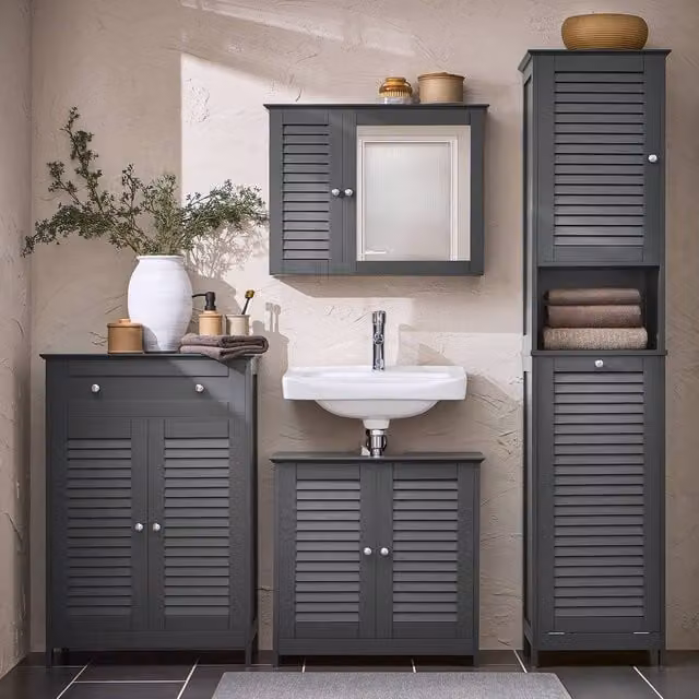 SoBuy Modern Bathroom Storage Tall Cabinet in Matt Grey with Roll Shutter Door and Internal Shelves – 1