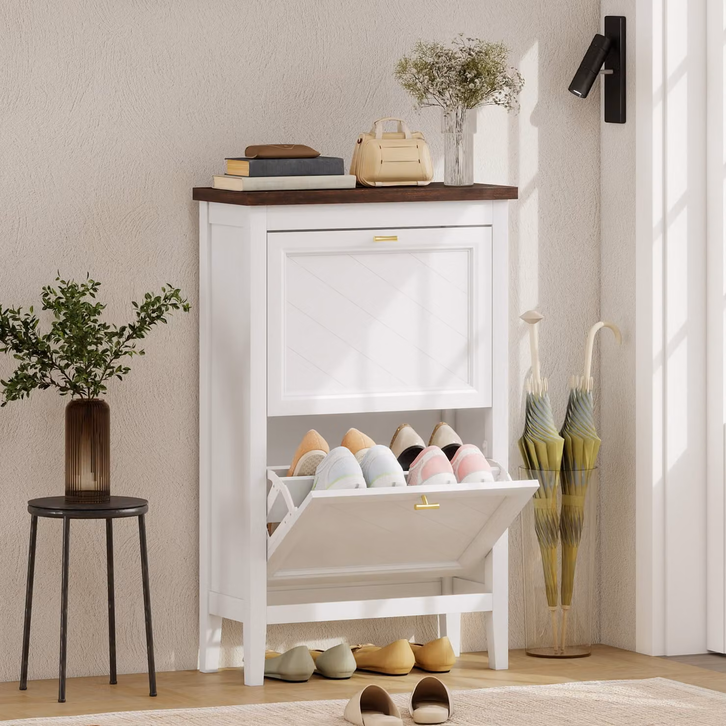 HOMCOM White and Gold Farmhouse Shoe Cabinet with 2 Tilting Compartments and Internal Shelves – 2