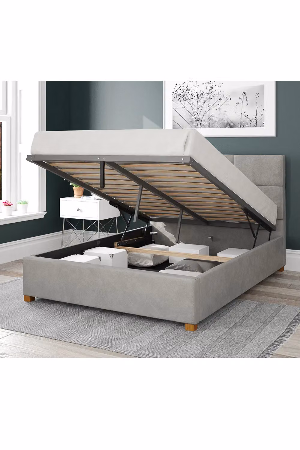 Aspire Caine Upholstered Ottoman Storage Bed in Grey Plush Velvet, W/D/H: 140 x 200 cm – 2