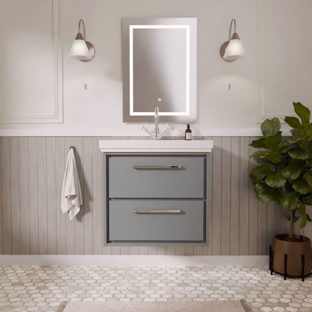 Balterley Modern Wall Hung 2-Drawer Bathroom Vanity with Fireclay Basin, Grey, W: 60 cm – 2