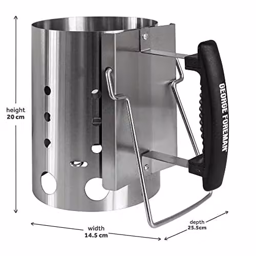 George Foreman Quick-Fire Compact Chimney BBQ Starter, Silver Stainless Steel Charcoal Burner, Diameter: 14.5 cm