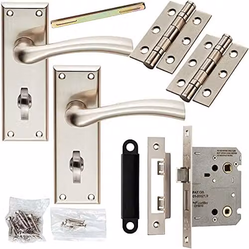 Loops Door Handle and Bathroom Lock Pack in Brushed Satin Nickel with Chunky Tapered Lever Backplate and Silver Metal Finish