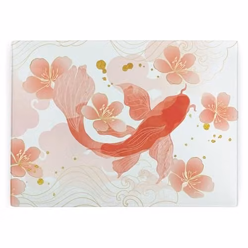 Purely Home Japanese Koi Fish Rectangular Glass Worktop Protector with Non-Slip Feet, Multicolour, W: 39 cm, D: 28.5 cm