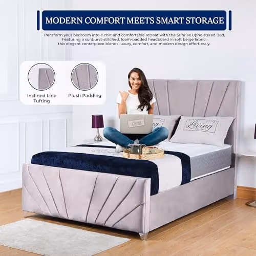 Living Comfort Bedz Sunrise Bed in Silver Plush Velvet with Black Board Base, 6ft Super King Size – 2