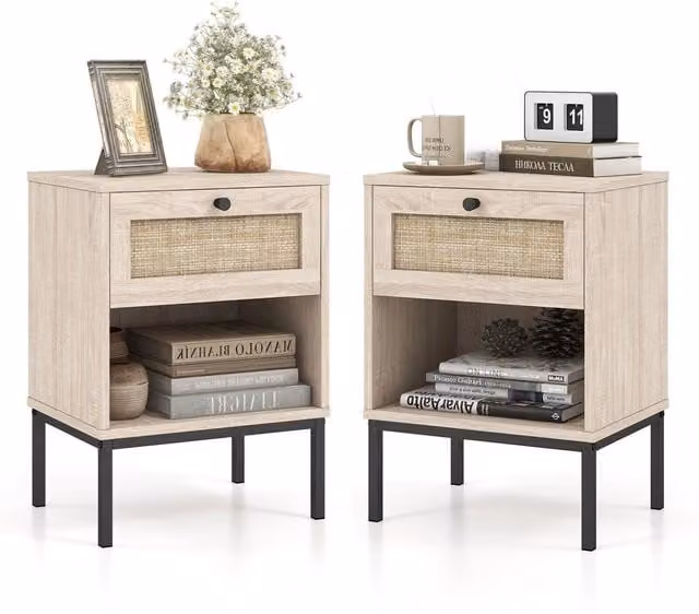 Costway Set of 2 Boho Rattan and Metal Bedroom Nightstands and Sofa Side Tables in Brown and Beige