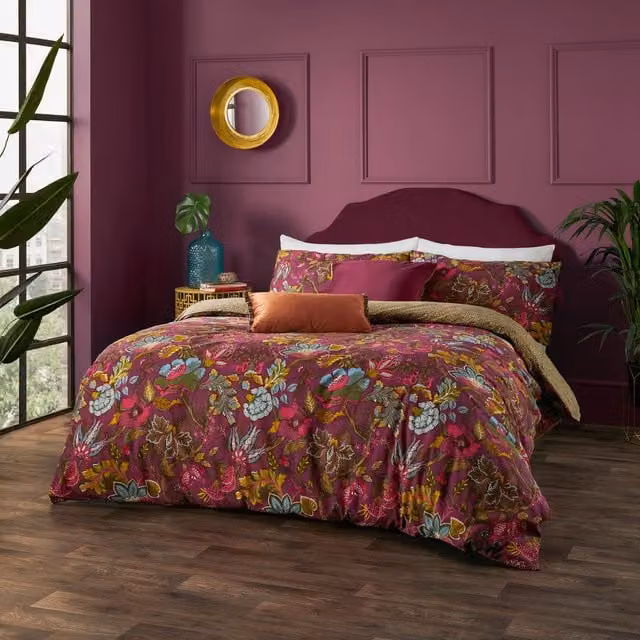 Viranai Exotic Floral Reversible Cotton Duvet Cover Set in Pink, Red and Multicolour, W/D/H: 180 x 200 cm