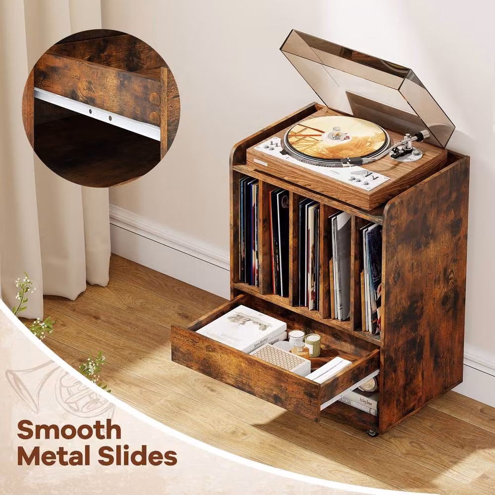 Gymax Brown Rolling Vinyl Display Cabinet and Record Player Turntable Stand with Wheels – 7