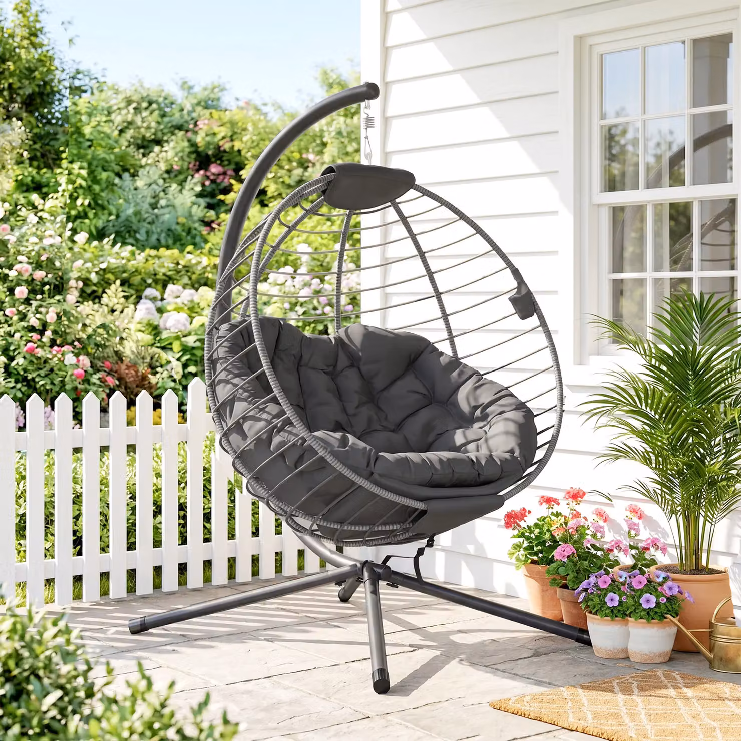 Outsunny Grey PE Rattan Egg Swing Chair with Metal Stand and Cushions – 8