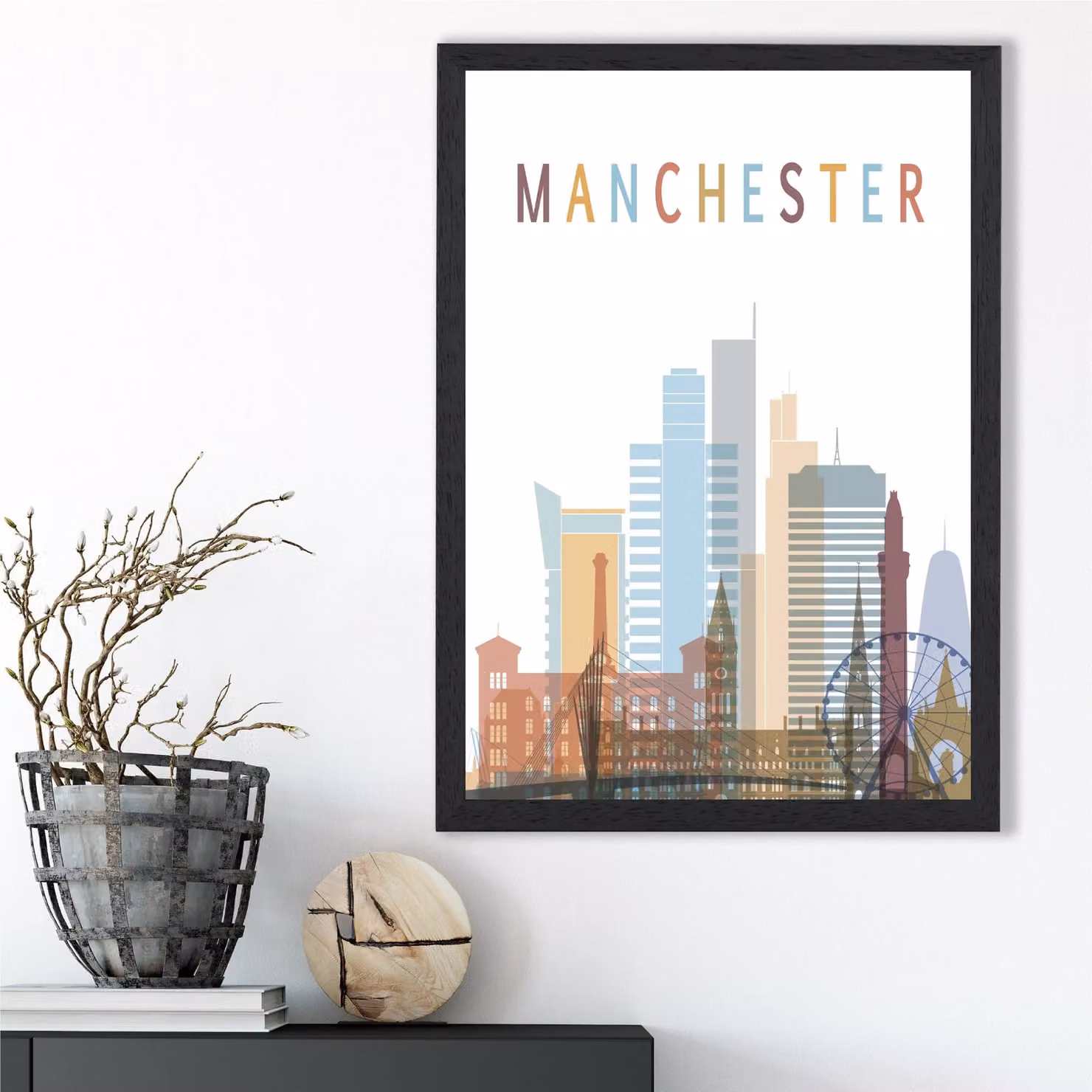 ARTZE Manchester Colourful City Skyline Framed Print in Pale Blue with Black Frame – 2