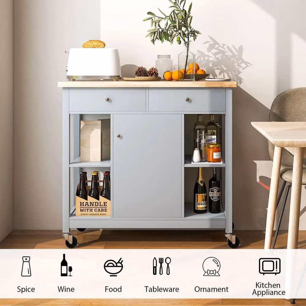 VOGREX Rolling Kitchen Island with 4 Open Shelves in Grey Rubberwood – 2
