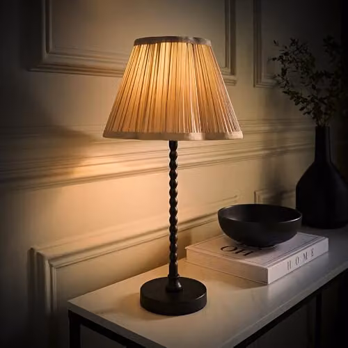 ValueLights Maeve Black Bobbin Table Lamp with Light Grey Pleated Faux Silk Scallop Shade and LED Bulb Included – 2