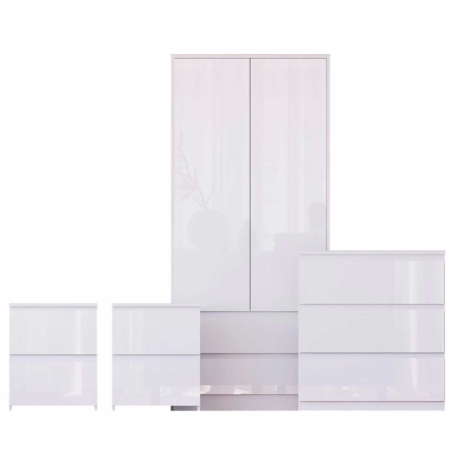 Vida Designs Glinton 4 Piece White Glossy Bedroom Set Including 2 Bedside Tables, 3 Drawer Chest and Wardrobe – 2