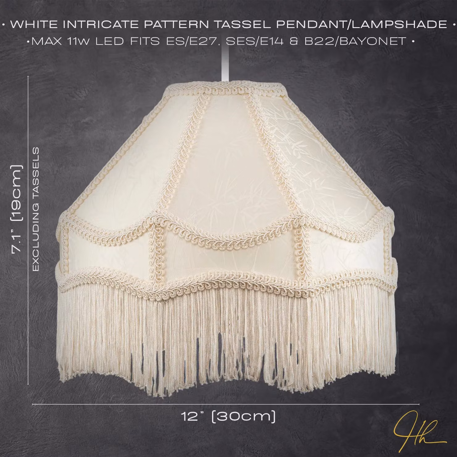 Happy Homewares White Satin Victorian Lamp Shade with Floral Leaf Decor and Tassels, Diameter: 30 cm – 2