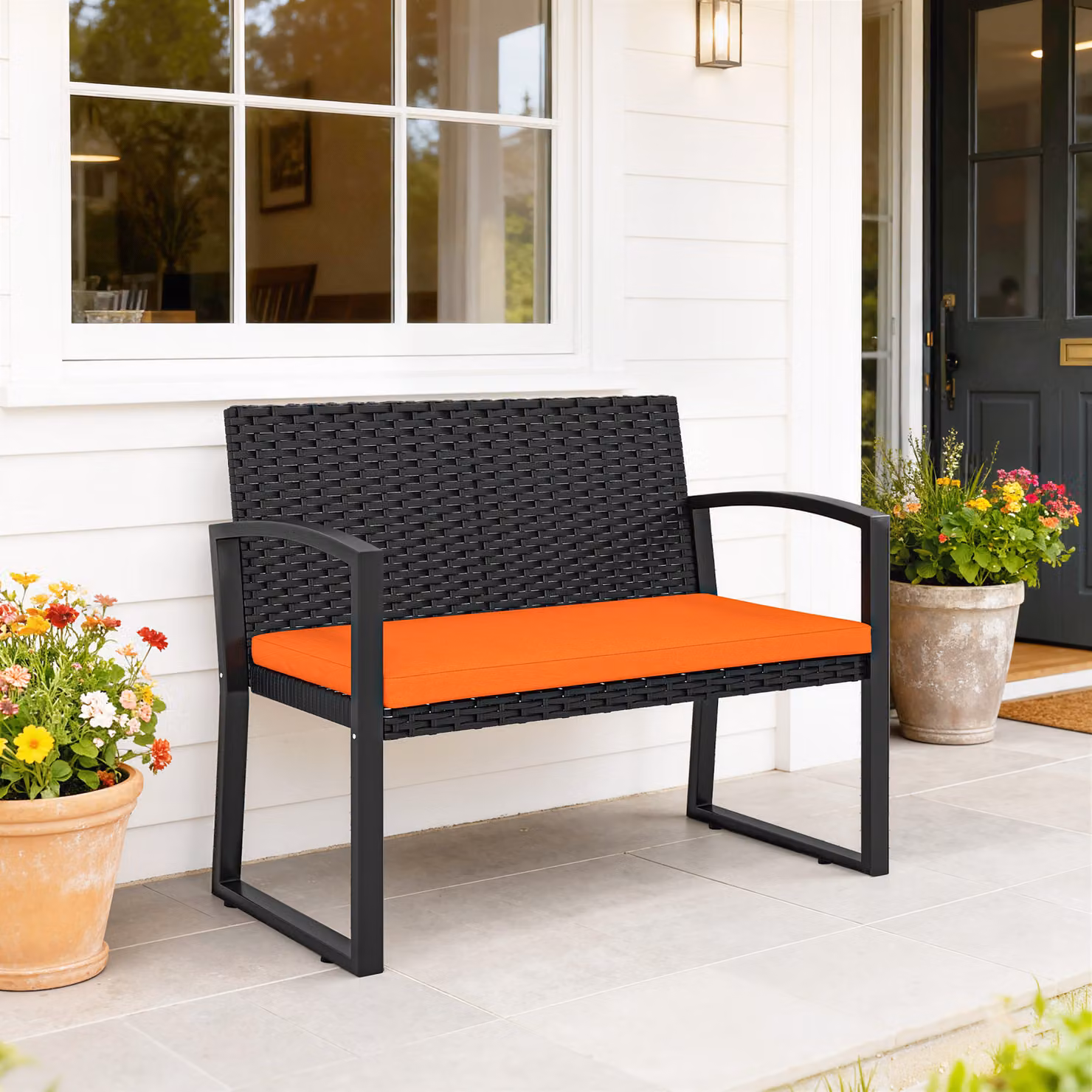 Outsunny Two-Seater Rattan Garden Bench with Armrests in Orange – 8