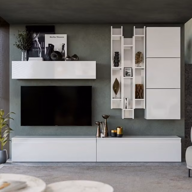 Decorotika Sintra Modern Wall Mounted Entertainment Center with Open Shelf and Lowboard in Glossy White
