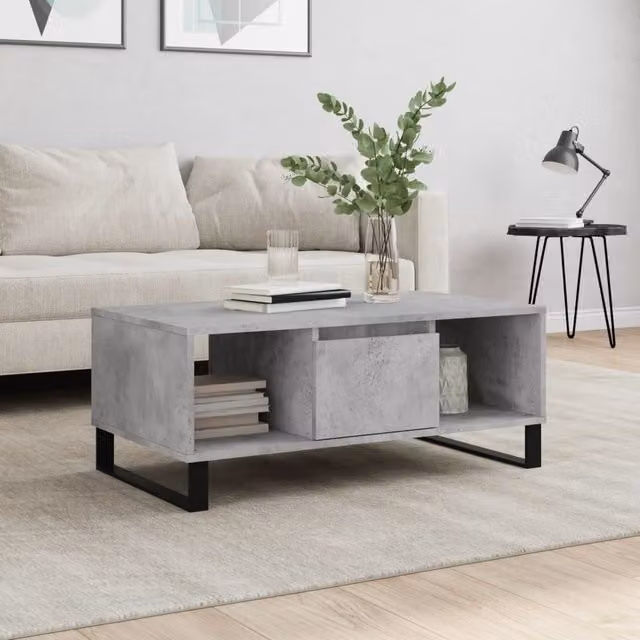 Berkfield Home Modern Rectangular Coffee Table in Grey Composite and Metal, W: 90 cm, D: 50 cm, H: 36.5 cm