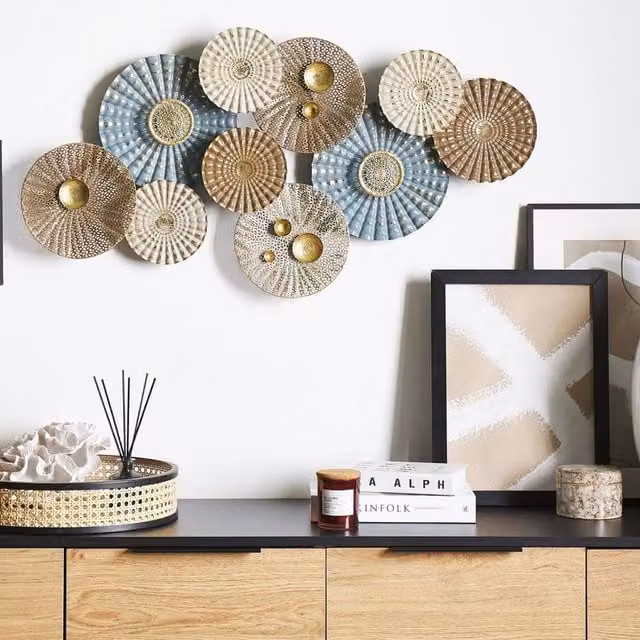 Wyld and Coco Blue and Beige 3D Metal Geometric Circle Wall Art, W: 90 cm, H: 48 cm – 1