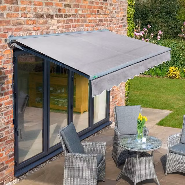 Primrose Semi-Cassette Garden Patio Awning with Charcoal Aluminium Frame and Silver Fabric, Width: 300 cm