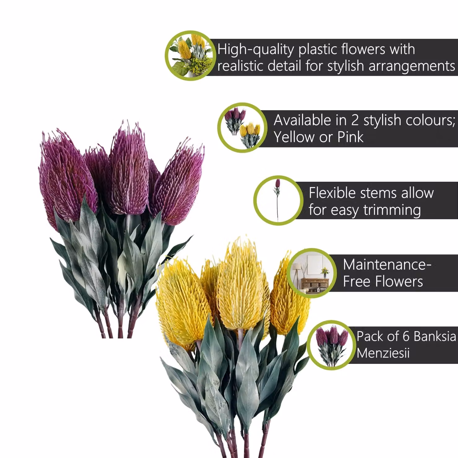 Pegdev Pack of 6 Pink and Yellow Artificial Banksia Floral Stems, 75 cm – 2