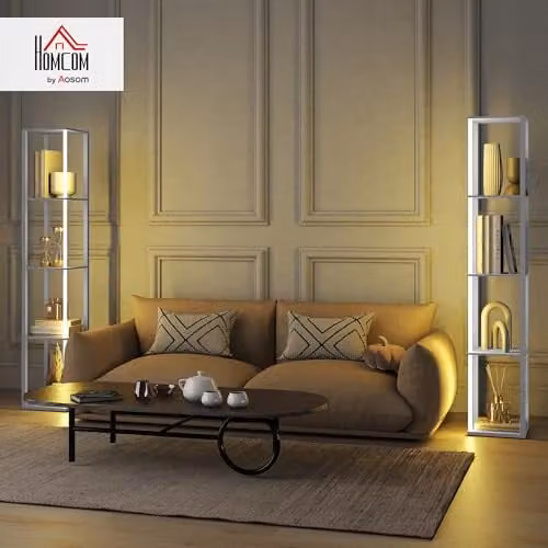 HOMCOM RGB LED Floor Lamp with Shelves in White, Dimmable with Remote Control – 2