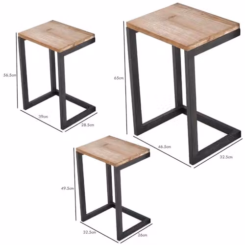 FWStyle Nest of 3 Metal Nesting Tables with Wood Effect Tops and Black Frame – 3