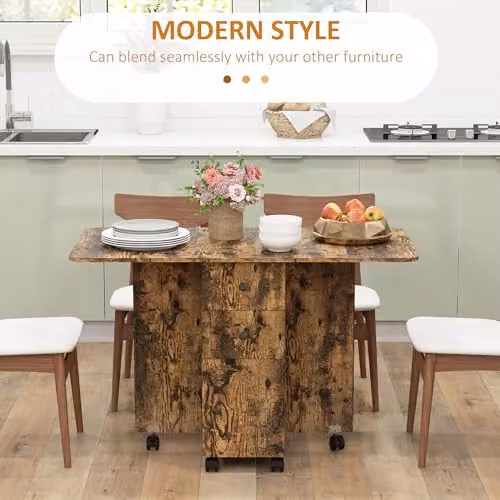 HOMCOM Extendable Drop Leaf Dining Table with Castors, Rustic Brown, W/D/H: 60 x 30 x 76.5 cm (Extendable to 120 cm) – 4