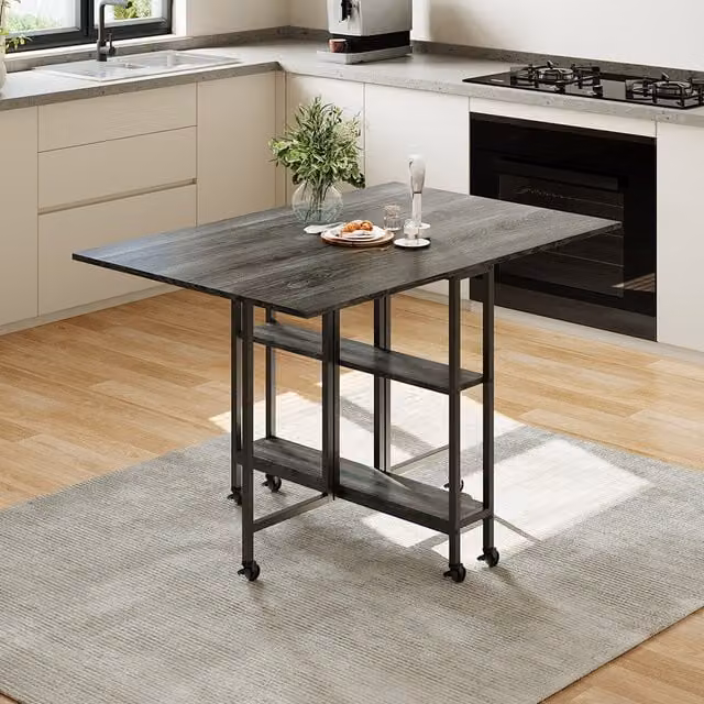 Livingandhome Modern Grey and Black Folding Rectangular Dining Table with Castors and Storage Shelves