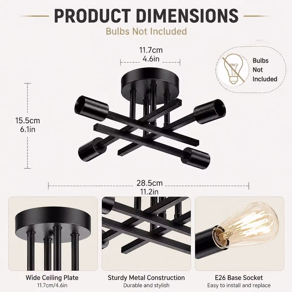 INMTFEI 4 Light Semi Flush Mount Ceiling Light in Matte Black Industrial Metal Fixture – 4