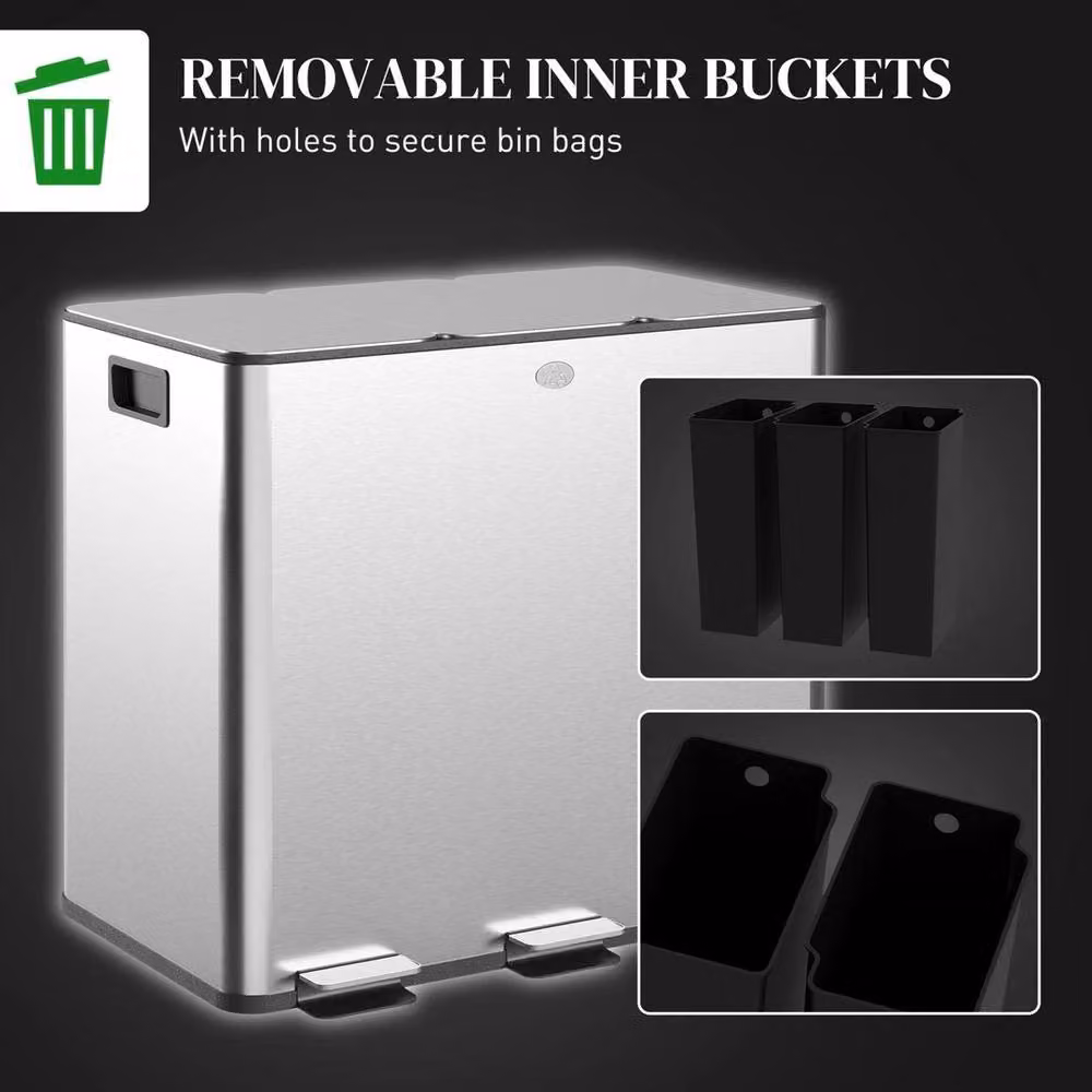 Ventryn Triple Kitchen Pedal Bin for Recycling and Waste, Silver, 3 x 15L – 3