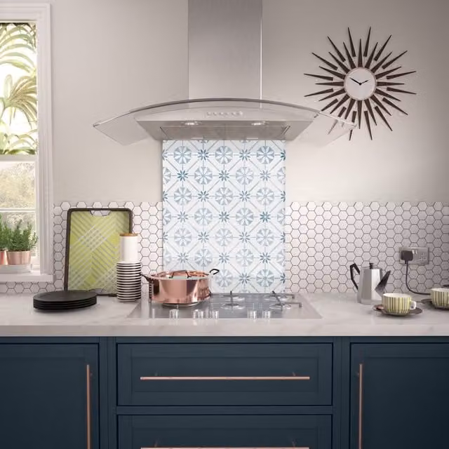 House Beautiful Heritage Sky Blue Glass Kitchen Splashback, Width: 60 cm