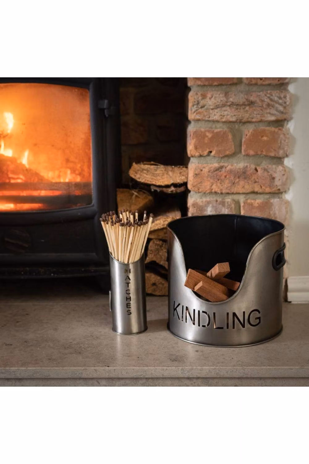 KDMD Silver Pewter Finish Logs, Kindling Buckets and Matchstick Holder Set – 3