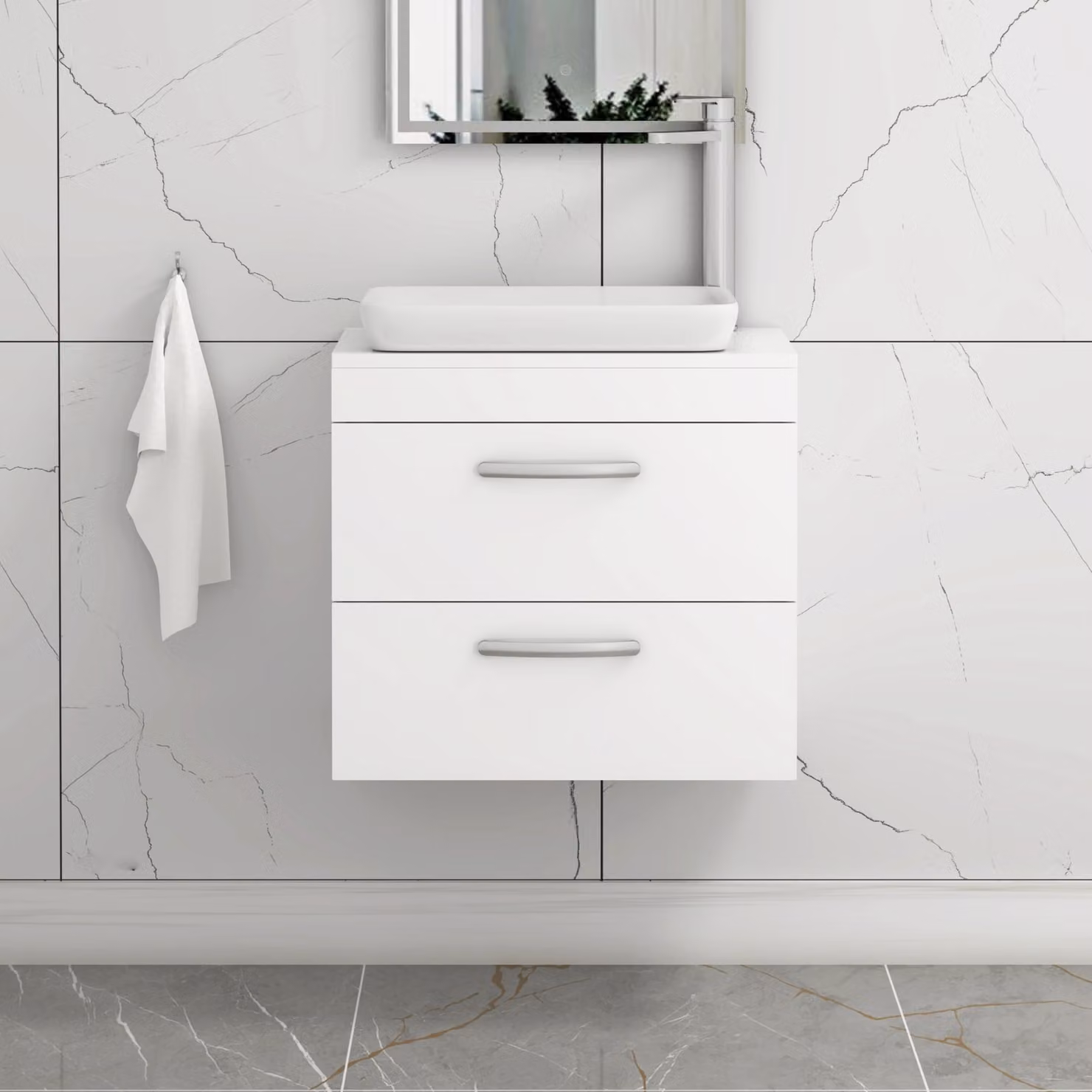 Qubix Turin 800mm Wall Hung Vanity Unit with 2 Drawers and Countertop Basin in Gloss White
